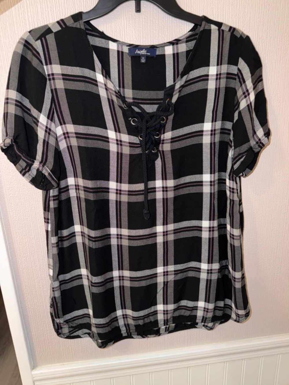 Angels Black Plaid Lace-Up Short Sleeve Top